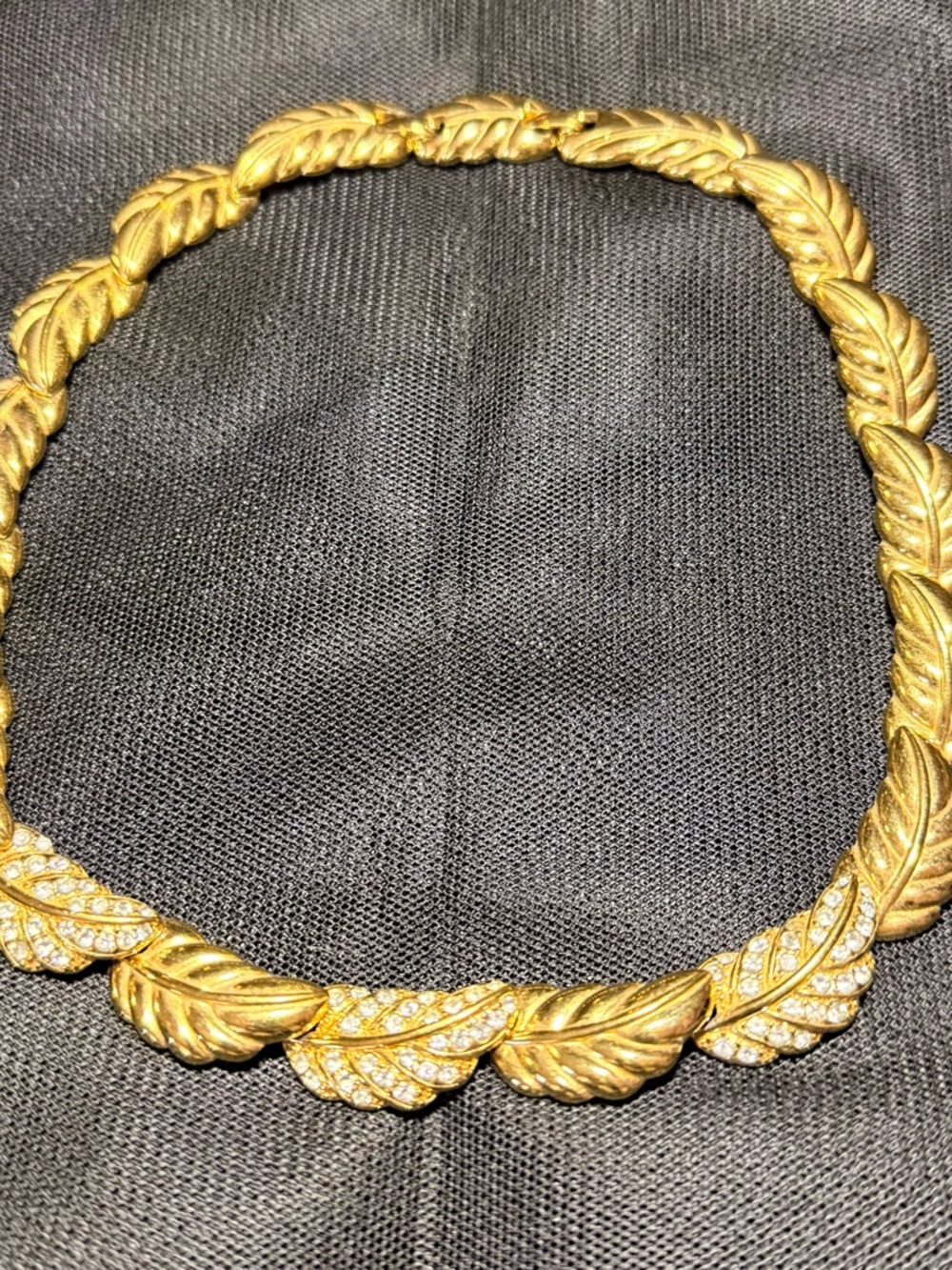 Vintage Monet Gold tone Leaf-Style Statement Necklace with rhinestone Accents